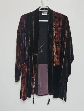 Chico's Traveler Velvet Burnout Fringe Kimono M/L Black Red Floral Paisley Boho